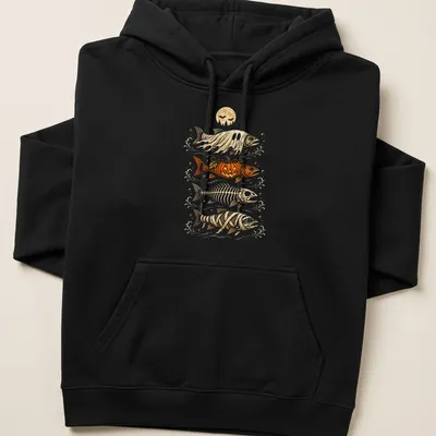 Illustrative trout ghost with pumpkins and skeletons for Halloween — printed on a unisex hoodie