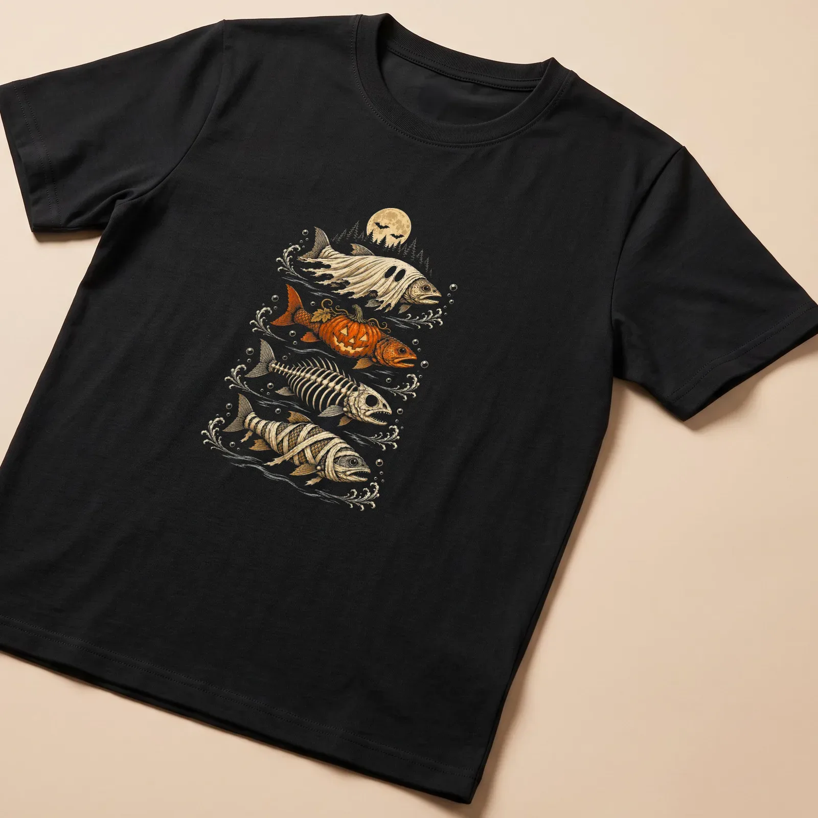 Illustrative trout ghost with pumpkins and skeletons for Halloween — printed on a unisex t-shirt