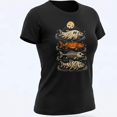 Illustrative trout ghost with pumpkins and skeletons for Halloween — printed on a women's shirt