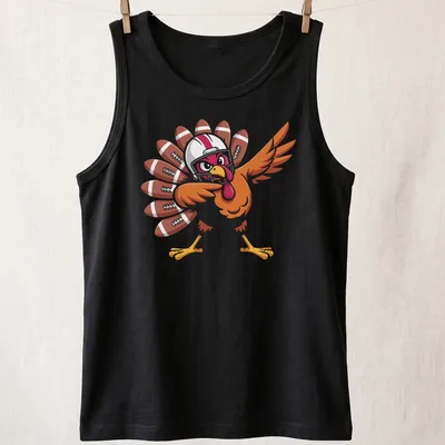 Cartoon turkey playing football in brown, orange, and red colors — printed on a tank top