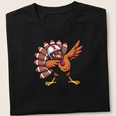 Cartoon turkey playing football in brown, orange, and red colors