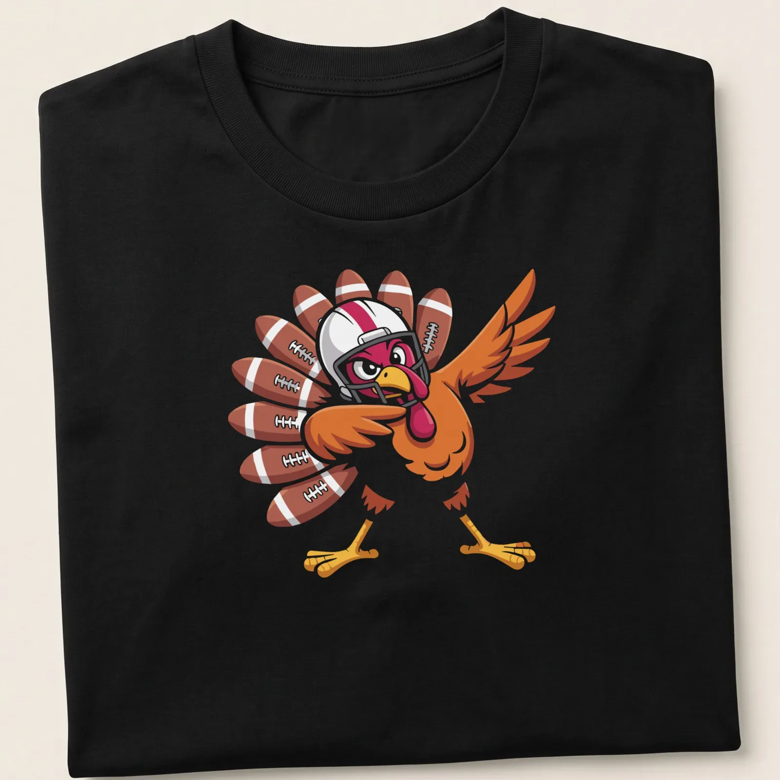 Cartoon turkey playing football in brown, orange, and red colors — printed on a unisex t-shirt