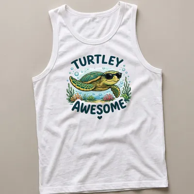 Colorful cartoon sea turtle wearing sunglasses with the text 'Turtley Awesome' above. — printed on a tank top