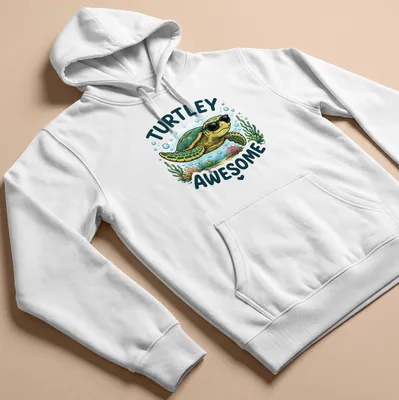 Colorful cartoon sea turtle wearing sunglasses with the text 'Turtley Awesome' above. — printed on a unisex hoodie