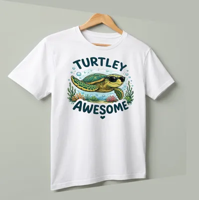Colorful cartoon sea turtle wearing sunglasses with the text 'Turtley Awesome' above. — printed on a unisex t-shirt (angled view)