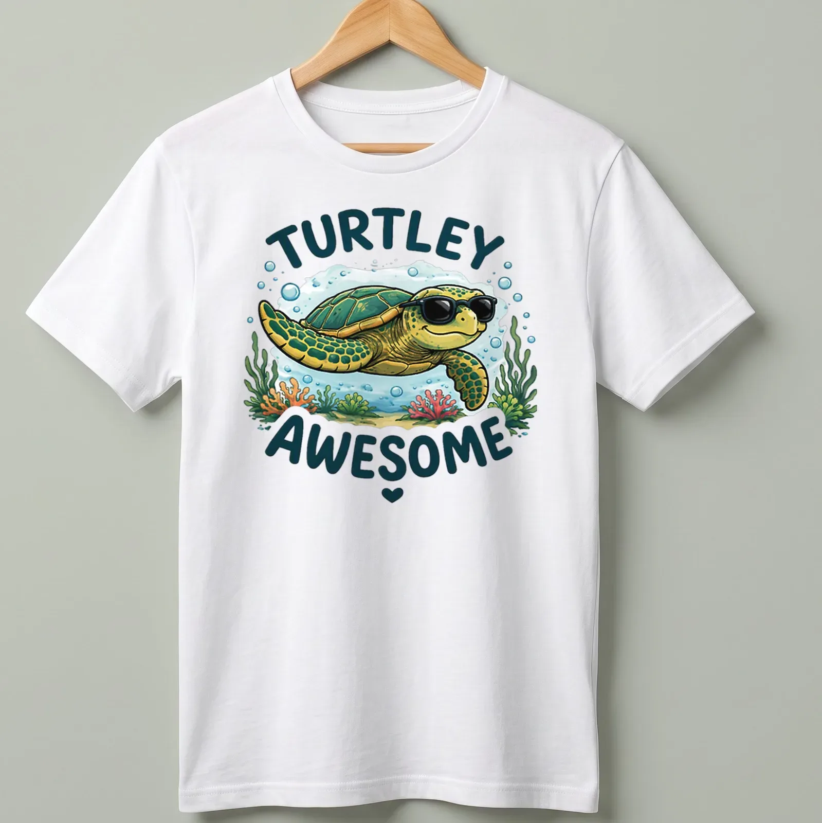 Colorful cartoon sea turtle wearing sunglasses with the text 'Turtley Awesome' above. — printed on a unisex t-shirt