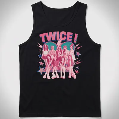 Retro T-shirt featuring the Kpop girl group TWICE! in playful typography with vibrant colors — printed on a tank top