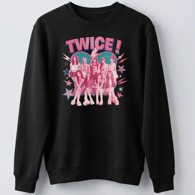 Retro T-shirt featuring the Kpop girl group TWICE! in playful typography with vibrant colors — printed on a unisex sweatshirt