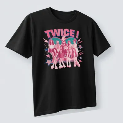 Retro T-shirt featuring the Kpop girl group TWICE! in playful typography with vibrant colors — printed on a unisex t-shirt (angled view)