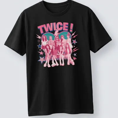 Retro T-shirt featuring the Kpop girl group TWICE! in playful typography with vibrant colors — printed on a unisex t-shirt
