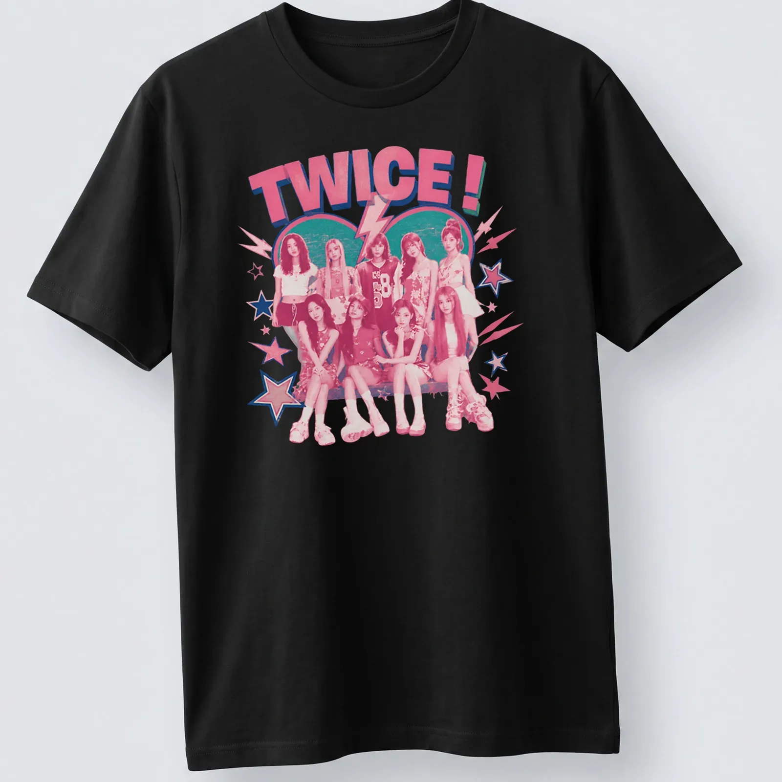 Retro T-shirt featuring the Kpop girl group TWICE! in playful typography with vibrant colors — printed on a unisex t-shirt