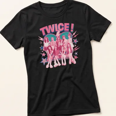 Retro T-shirt featuring the Kpop girl group TWICE! in playful typography with vibrant colors — printed on a women's shirt