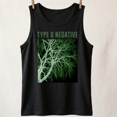 High-contrast monochrome Type O Negative T-shirt featuring a tree illustration — printed on a tank top
