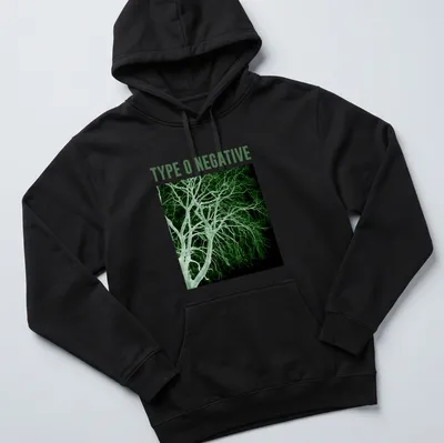High-contrast monochrome Type O Negative T-shirt featuring a tree illustration — printed on a unisex hoodie