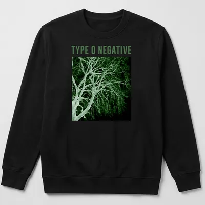 High-contrast monochrome Type O Negative T-shirt featuring a tree illustration — printed on a unisex sweatshirt