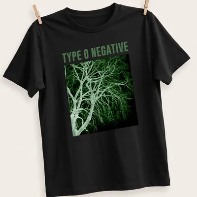 High-contrast monochrome Type O Negative T-shirt featuring a tree illustration — printed on a unisex t-shirt