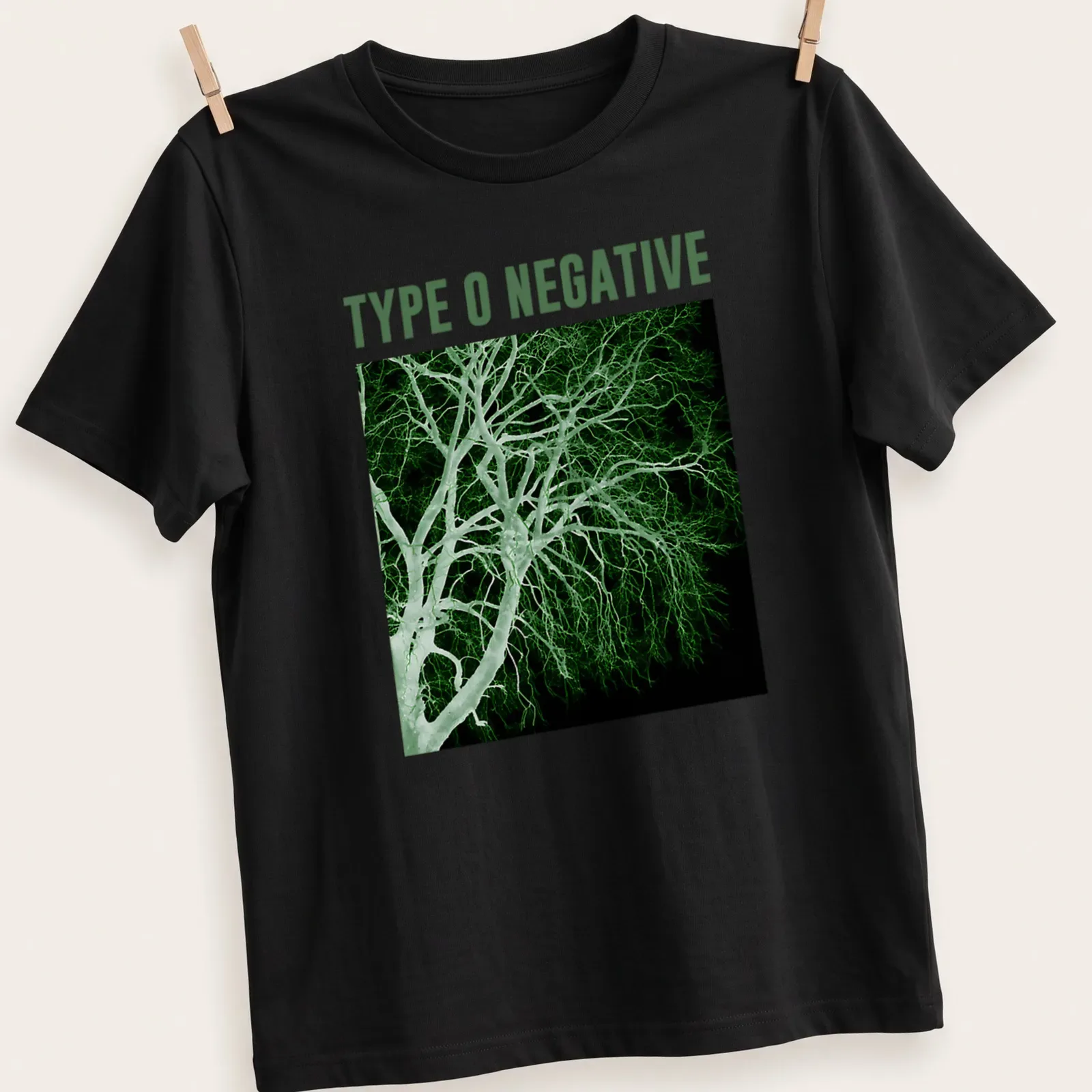 High-contrast monochrome Type O Negative T-shirt featuring a tree illustration — printed on a unisex t-shirt