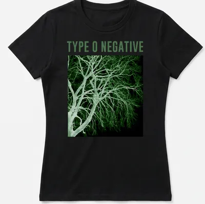 High-contrast monochrome Type O Negative T-shirt featuring a tree illustration — printed on a women's shirt