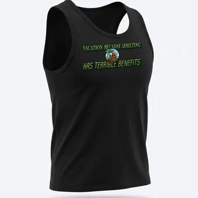 Vintage tropical design featuring a skeleton and palm tree with humorous text — printed on a tank top