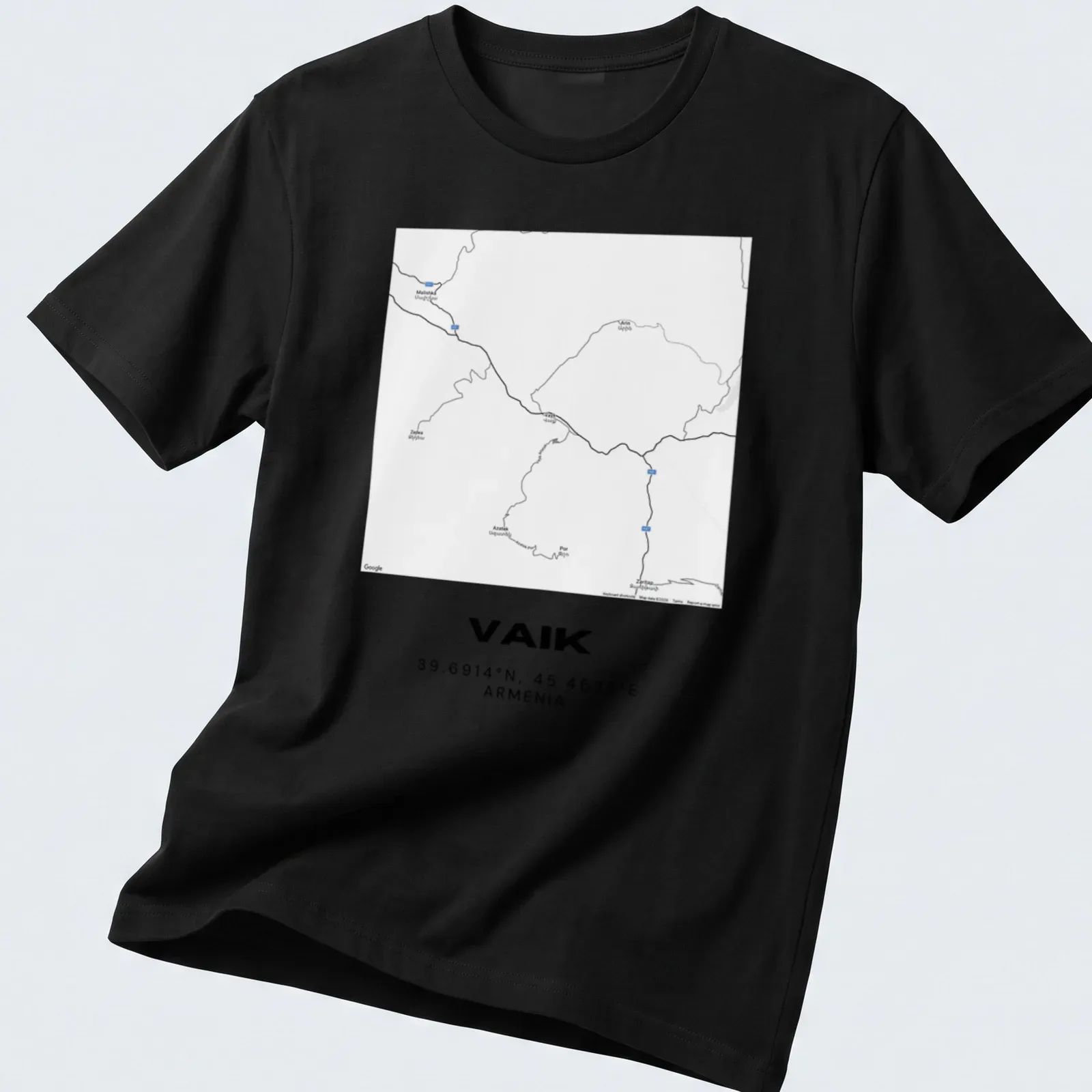 Minimalist design with coordinates of Vaik, Armenia in black and white. — printed on a unisex t-shirt