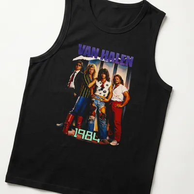 Illustration of a glam rock band from the 80s on a — printed on a tank top