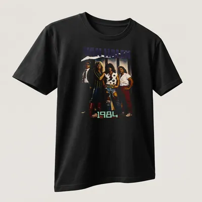Illustration of a glam rock band from the 80s on a — printed on a unisex t-shirt (angled view)