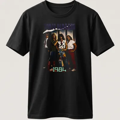 Illustration of a glam rock band from the 80s on a — printed on a unisex t-shirt