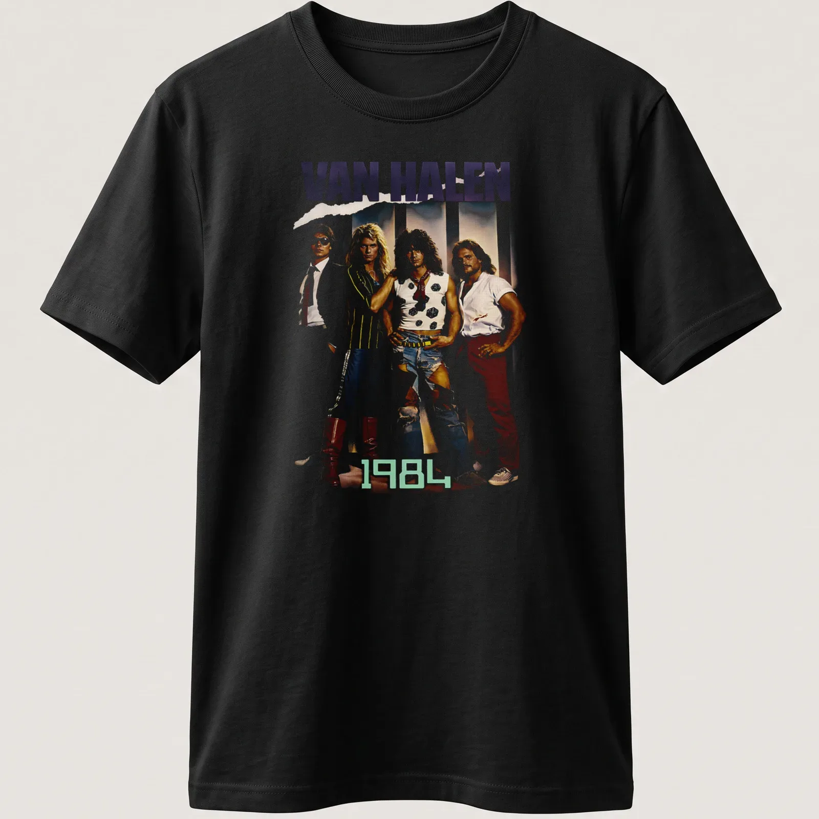 Illustration of a glam rock band from the 80s on a — printed on a unisex t-shirt