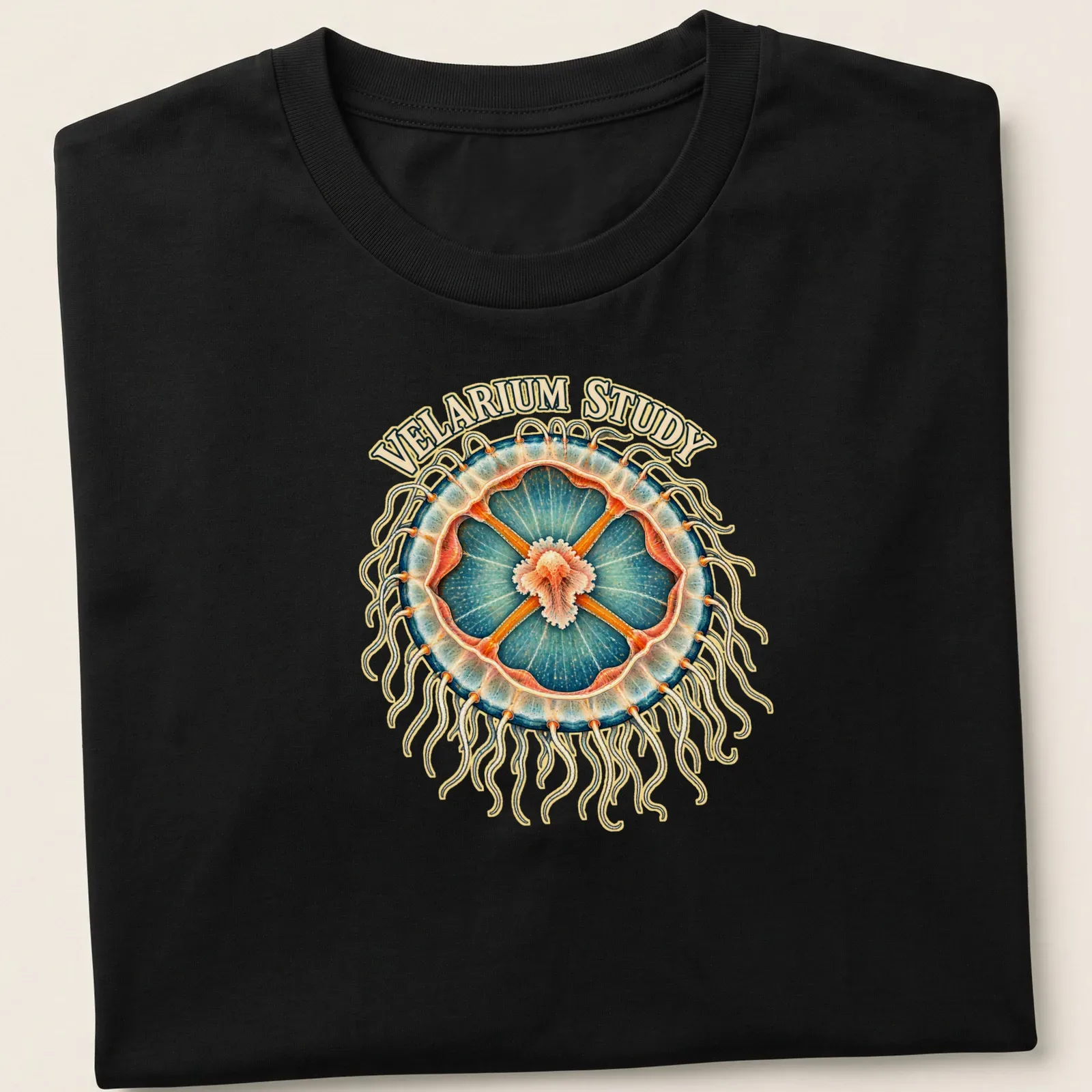 Detailed illustration of jellyfish anatomy in vibrant colors — printed on a unisex t-shirt