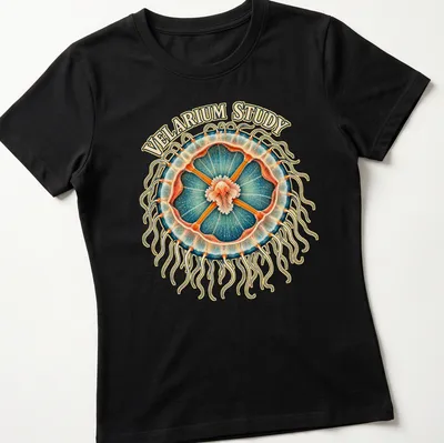 Detailed illustration of jellyfish anatomy in vibrant colors — printed on a women's shirt