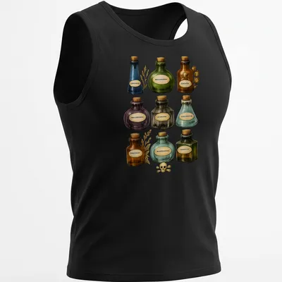 Vintage botanical print featuring various poison bottles with ornate text. — printed on a tank top