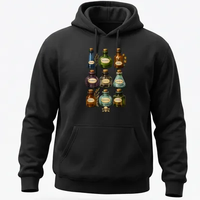 Vintage botanical print featuring various poison bottles with ornate text. — printed on a unisex hoodie