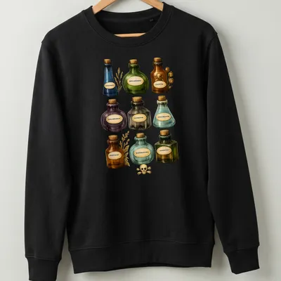 Vintage botanical print featuring various poison bottles with ornate text. — printed on a unisex sweatshirt