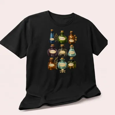 Vintage botanical print featuring various poison bottles with ornate text. — printed on a unisex t-shirt (angled view)