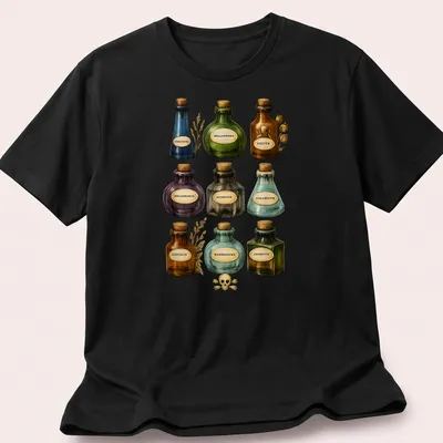 Vintage botanical print featuring various poison bottles with ornate text.