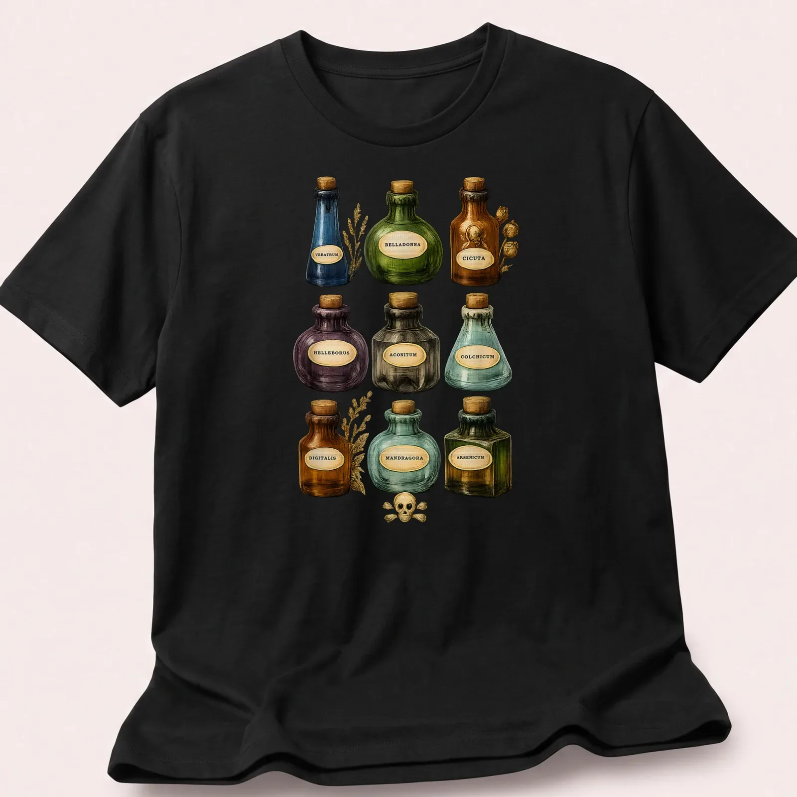 Vintage botanical print featuring various poison bottles with ornate text. — printed on a unisex t-shirt