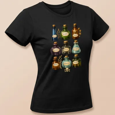 Vintage botanical print featuring various poison bottles with ornate text. — printed on a women's shirt