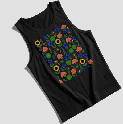 Colorful floral pattern featuring sunflowers and cornflowers in vibrant colors — printed on a tank top