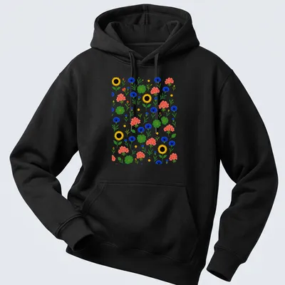 Colorful floral pattern featuring sunflowers and cornflowers in vibrant colors — printed on a unisex hoodie