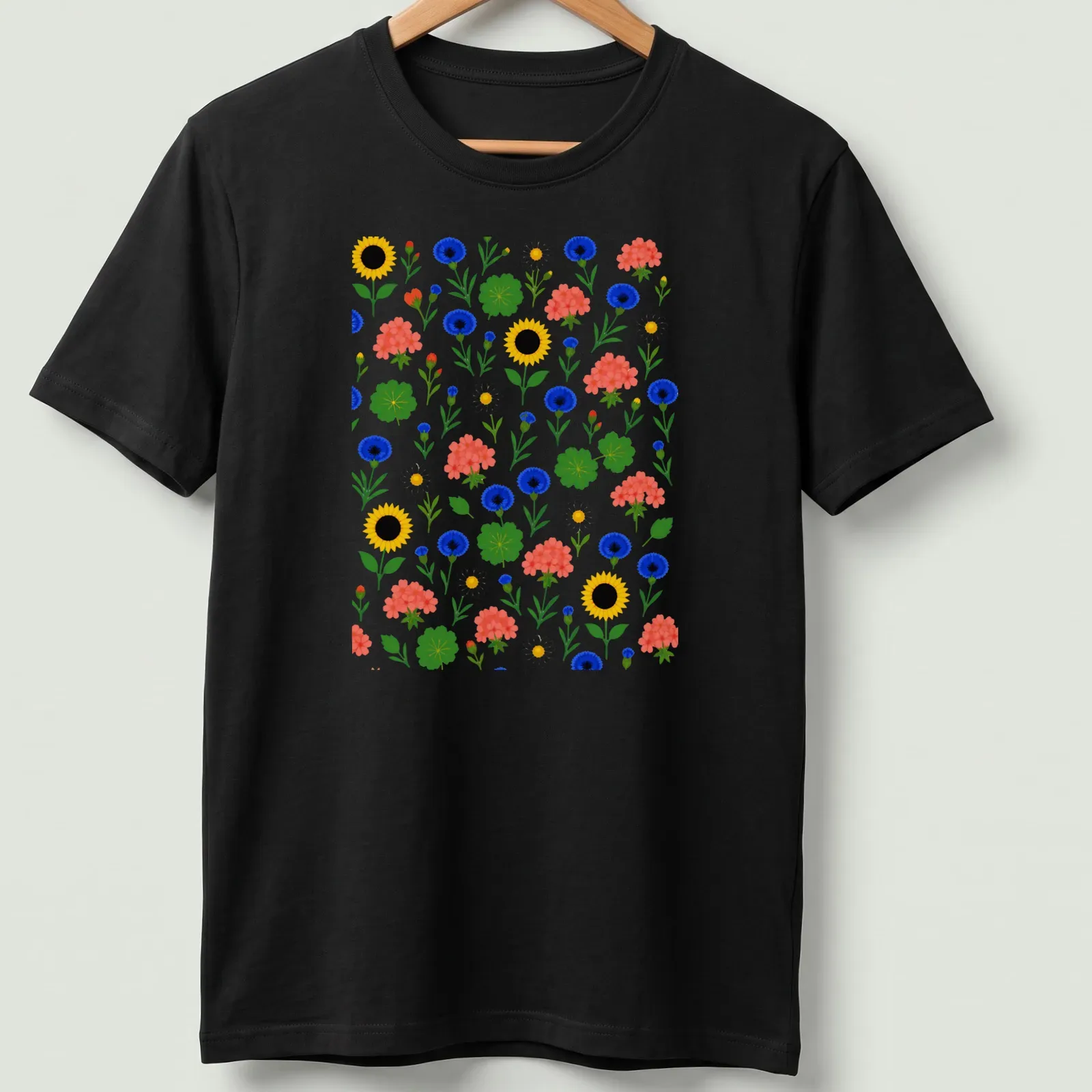 Colorful floral pattern featuring sunflowers and cornflowers in vibrant colors — printed on a unisex t-shirt