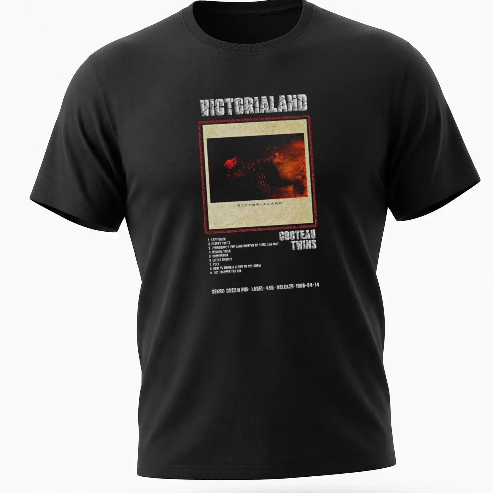 Retro distressed Cocteau Twins shirt with album titles in red, white, beige, and gray — printed on a unisex t-shirt