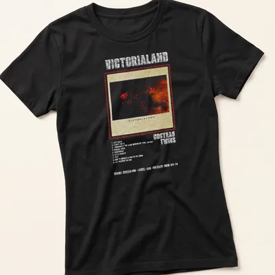 Retro distressed Cocteau Twins shirt with album titles in red, white, beige, and gray — printed on a women's shirt