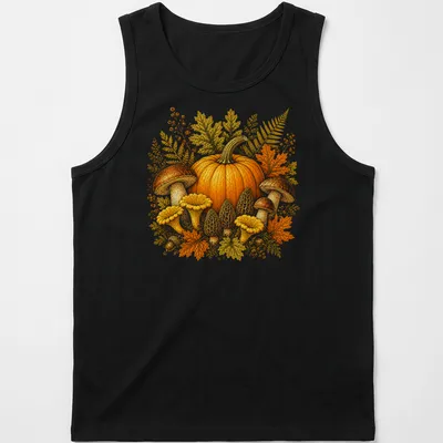 Vintage botanical illustration of a pumpkin and mushrooms in warm hues — printed on a tank top