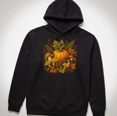 Vintage botanical illustration of a pumpkin and mushrooms in warm hues — printed on a unisex hoodie