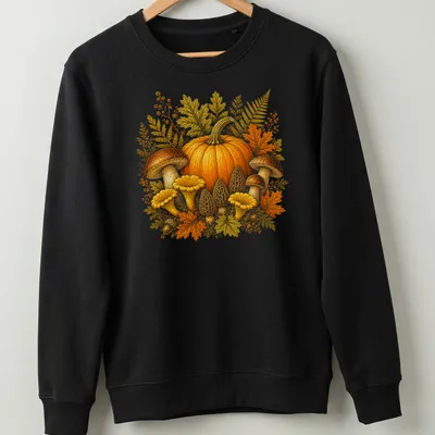 Vintage botanical illustration of a pumpkin and mushrooms in warm hues — printed on a unisex sweatshirt