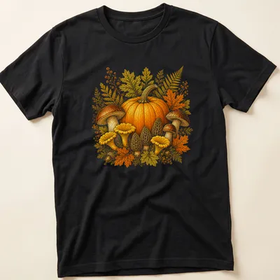 Vintage botanical illustration of a pumpkin and mushrooms in warm hues
