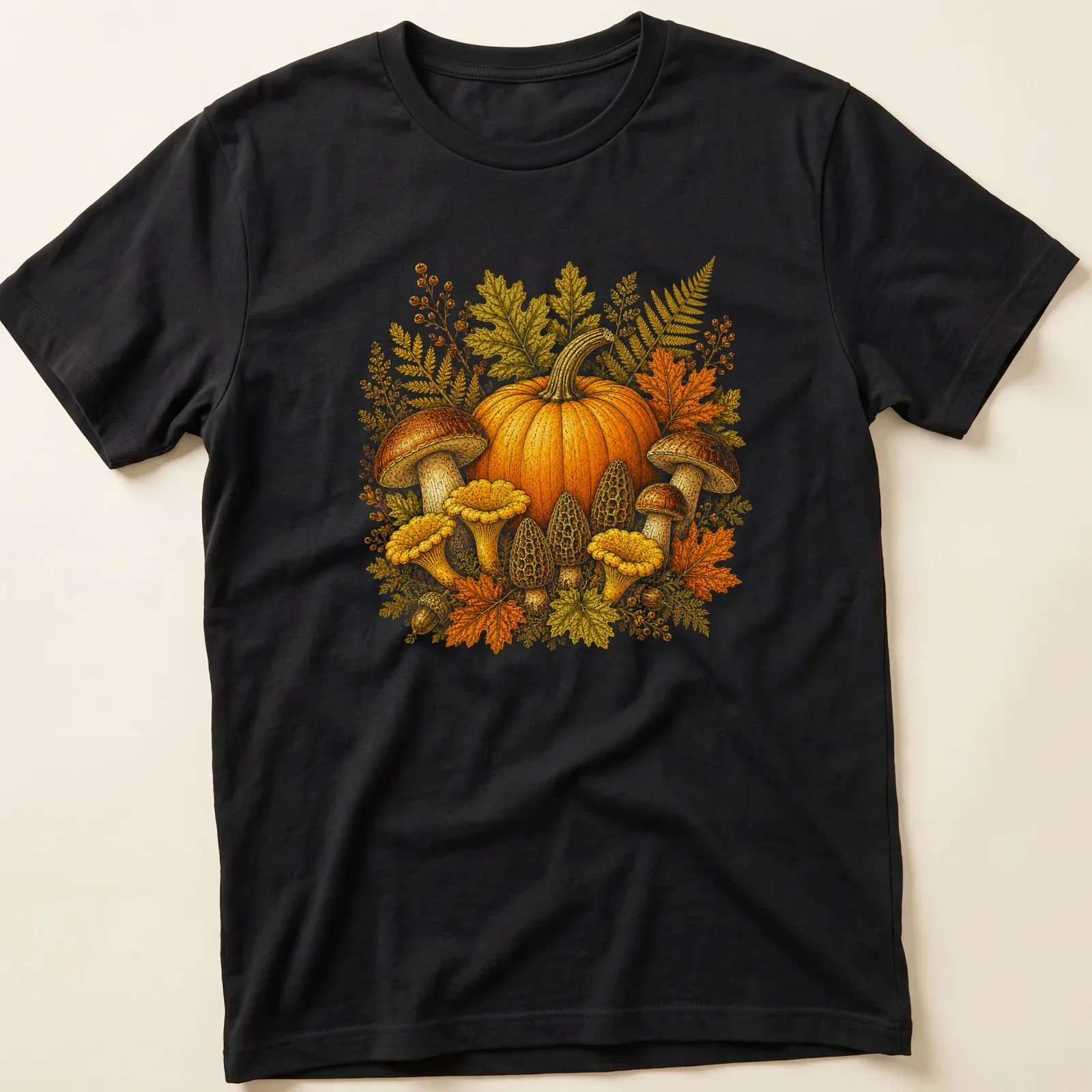 Vintage botanical illustration of a pumpkin and mushrooms in warm hues — printed on a unisex t-shirt