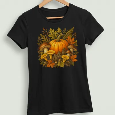 Vintage botanical illustration of a pumpkin and mushrooms in warm hues — printed on a women's shirt