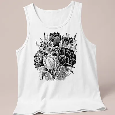 Black and white vintage botanical print of tulips on a — printed on a tank top