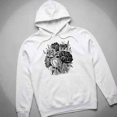 Black and white vintage botanical print of tulips on a — printed on a unisex hoodie